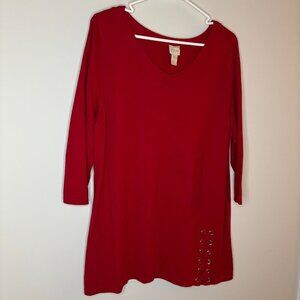 CHICO'S V-Neck Tunic Womens L 3/4 Sleeve Red Lace Up Detail